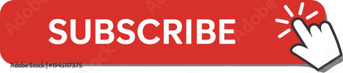 Red Subscribe Button With White Text And A Cursor Hand Icon Clicking On White Background vector illustration