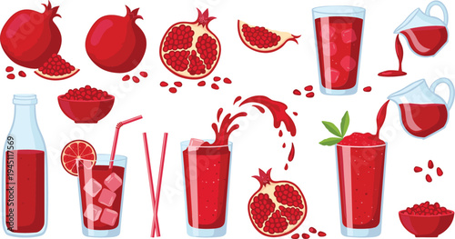 Pomegranate Juice and Fresh Fruit Vector Illustration Set with Glass Drinks, Seeds, Whole Pomegranate, Cut Slices, Bottle Beverage, and Healthy Organic Drink