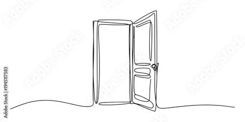 Door outline drawing illustration. one continuous line drawing of opened door, A modern line art depiction of an open door in one continuous line, Open door one line illustration, welcome sign minimal