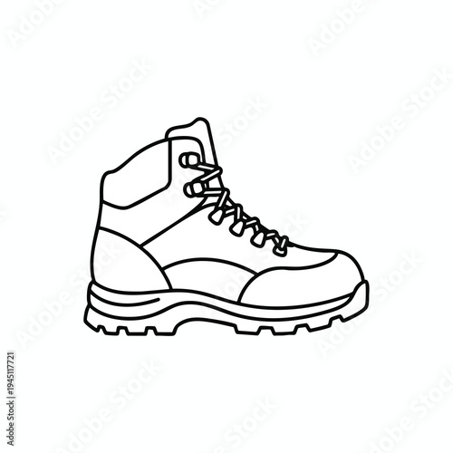 Black line drawing of a rugged, ankle-high boot with laces and a thick sole