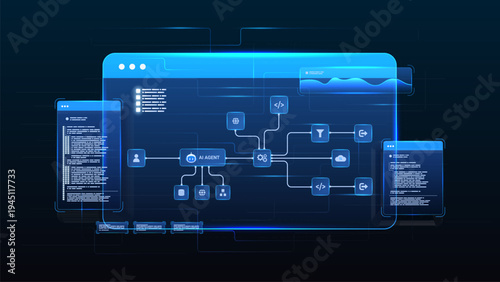 AI workflow automation artificial intelligence. ai agent workflow diagram dashboard machine learning architecture data processing flow, coding panels, analytics and automation system.