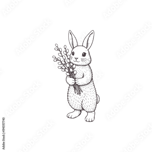 Cute bunny holding pussy willow vector sketch