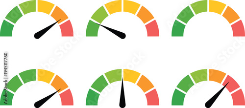 Six Semi- Circular Gauges Showing Different Levels With Needles On White Background meter dial