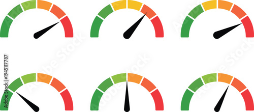 Six Semi- Circular Gauges With Color Coded Scales And Needles On White Background meter dial