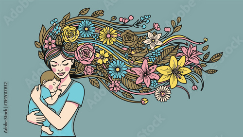 Mother Holding Baby with Floral Illustration.
