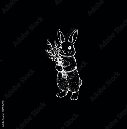 Easter bunny holding a pussy willow bouquet vector sketch drawing