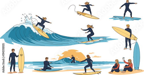 Surfing Lifestyle Activities Collection with Surfers Riding Ocean Waves, Surfboard Practice, Beach Relaxation and Water Sports Scenes Colorful Vector Illustration Set