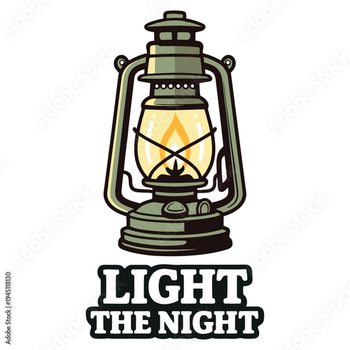 Vintage kerosene lantern illustration with a bright flame glowing inside isolated design perfect for camping adventure and outdoor themes