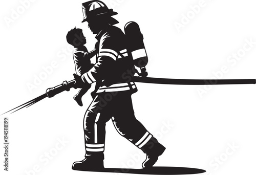 Firefighter carrying child with oxygen tank and hose
