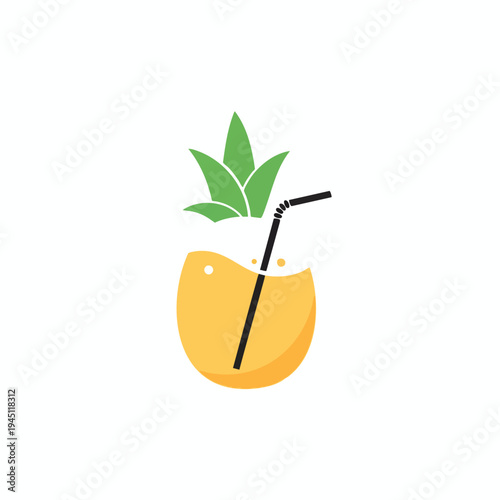 Stylized pineapple drink with green leaves and a black straw