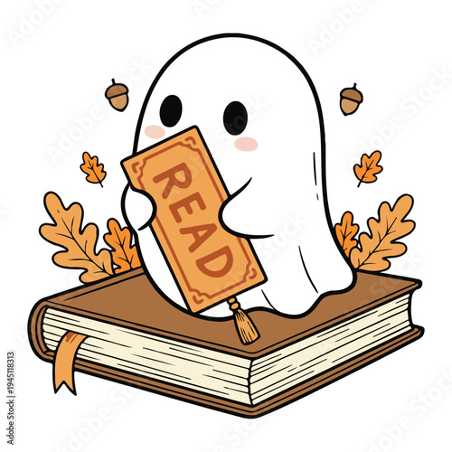 Ghost with Read Bookmark Design, Fall Ghost Reading Clipart, Cute Bookish Ghost Illustration, Cozy Autumn Ghost Design, Halloween Book Lover Ghost
