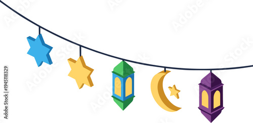 Colorful isometric Ramadan or Eid al-Fitr decorations featuring stars, lanterns, and a crescent moon hanging on a string, symbolizing Islamic celebration.