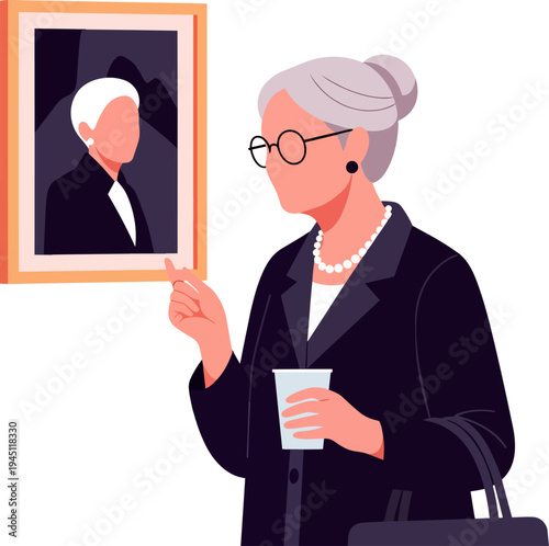 Elegant senior woman with grey hair and glasses, wearing a pearl necklace and dark suit, holding a cup and handbag while observing a framed portrait on the wall.