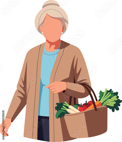An elderly woman with grey hair, wearing a brown cardigan, holding a shopping basket full of fresh vegetables.