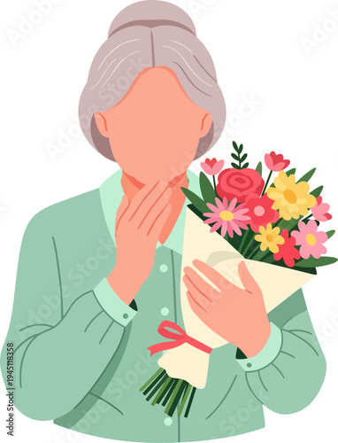 Illustration of an elderly woman with grey hair holding a beautiful bouquet of colorful flowers, expressing gratitude or joy.