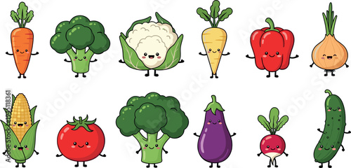 Cute kawaii vegetable characters set including carrot broccoli tomato corn eggplant onion radish cucumber cartoon vector illustration
