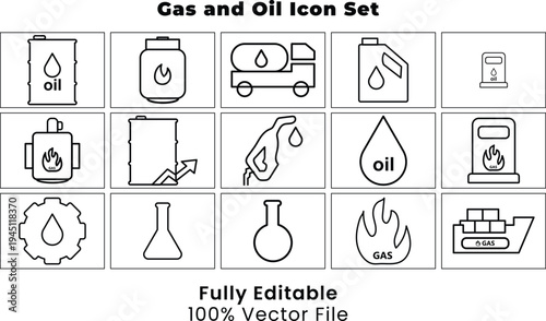Energy and Fossil Fuel Line Icon Set Petroleum Industry, Oil Rig, Refinery, and Fuel Logistics. Minimalist Vector Symbols for Web and App UI