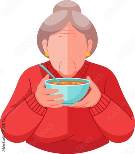 An illustration of an elderly woman with grey hair wearing a red sweater, holding a blue bowl of soup and eating with a spoon.