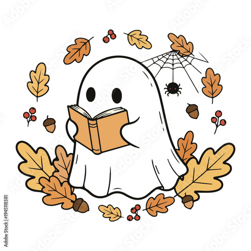 Ghost with Spider Friend Design, Fall Ghost Reading Clipart, Cute Bookish Ghost Illustration, Cozy Autumn Ghost Design, Halloween Book Lover Ghost