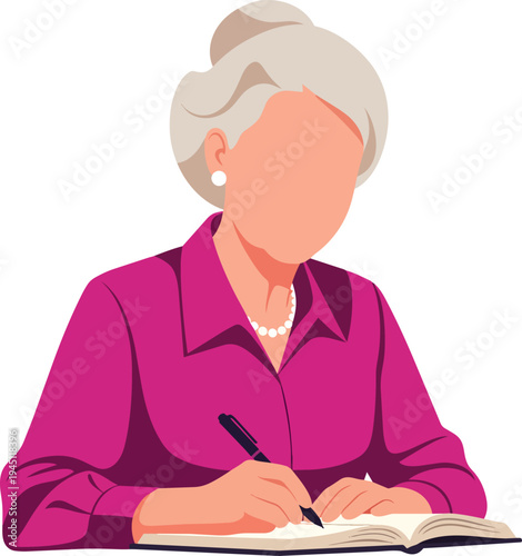 An illustration of an older woman with grey hair wearing a pink shirt and pearl necklace, diligently writing in an open book with a pen.