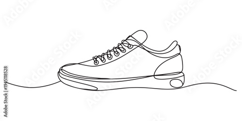 Sleek, single-line drawing of modern sports shoe; continuous line art style,  elegant,  drawing, continuous one line art with  drawing the shoes jpg on white background,  Hiking boots continuous one l