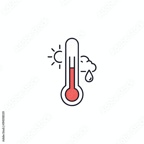 Thermometer measuring heat, with sun and raincloud icons