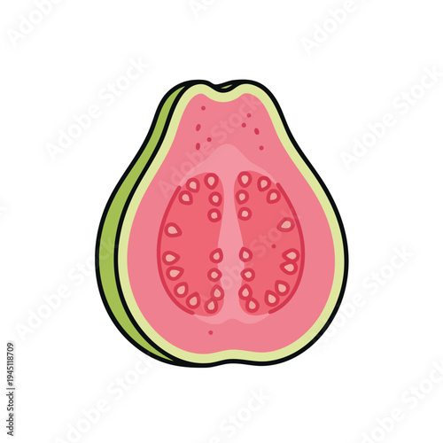 A stylized illustration of a halved guava with pink flesh and small seeds