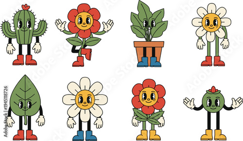 Cute cartoon plant characters collection flowers cactus and leaf mascots vector illustration set