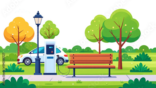 Electric Vehicle Charger Bench with Street Lamp in Park – Sustainable City Concept