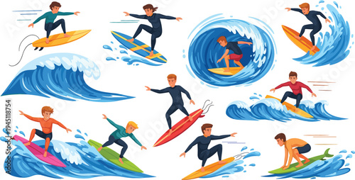 Surfing Water Sports Action Collection with Surfers Riding Ocean Waves, Surfboard Tricks, Barrel Wave Surfing and Extreme Beach Adventure Vector Illustration Set