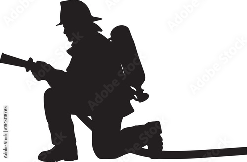 Firefighter kneeling with hose and nozzle silhouette