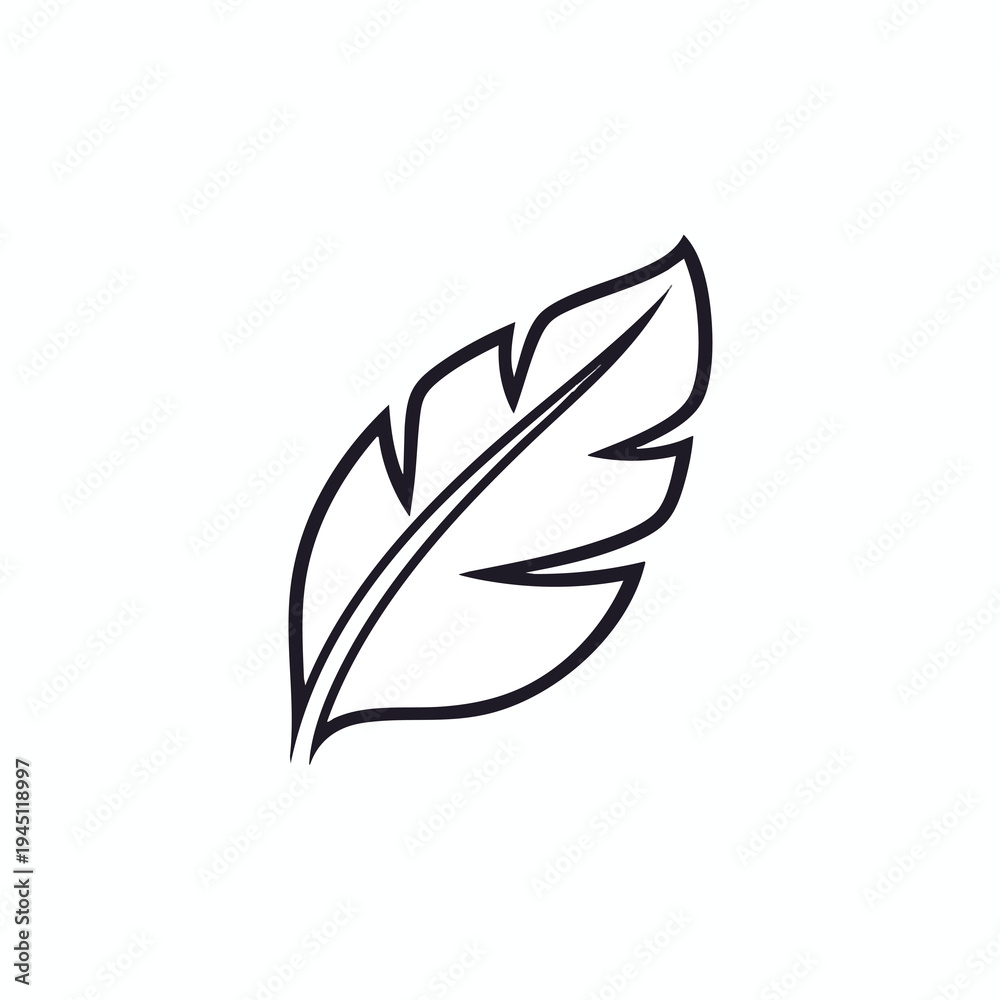 Fototapeta premium Black outline of a single quill feather on a white background