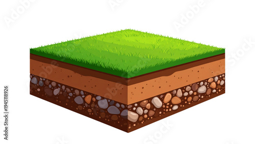 Ground Cross Section with Grass Soil and Stones – Earth Layer Illustration