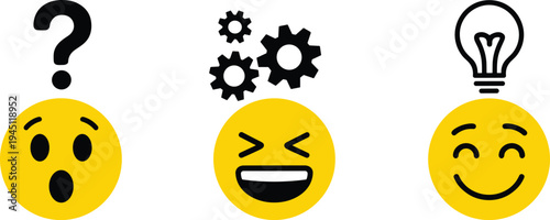 Three emoji faces showing surprise, laughter, and happiness with icons shock question mark