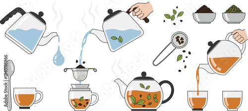 Tea Brewing Process Collection with Teapot, Kettle, Tea Leaves, Strainer, Pouring Hot Tea and Cup Preparation Steps Vector Illustration Set