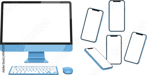 Desktop computer with keyboard mouse and smartphone mockups modern devices technology vector illustration set