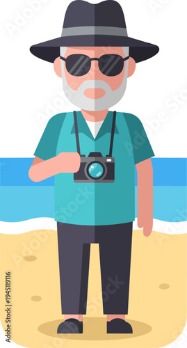 An illustration of an elderly man with a beard, wearing a hat and sunglasses, holding a camera on a beach.