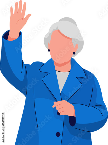 Illustration of an older woman with grey hair wearing a blue coat and waving her hand in a friendly greeting.