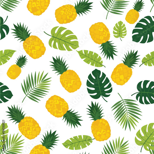 A bright, cheerful pattern featuring yellow pineapples and various green tropical leaves