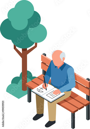 Isometric illustration of an elderly man sitting on a park bench under a tree, sketching in a notebook.