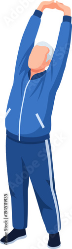 An elderly man in a blue tracksuit performing a side bend stretch with arms raised, demonstrating flexibility and exercise.