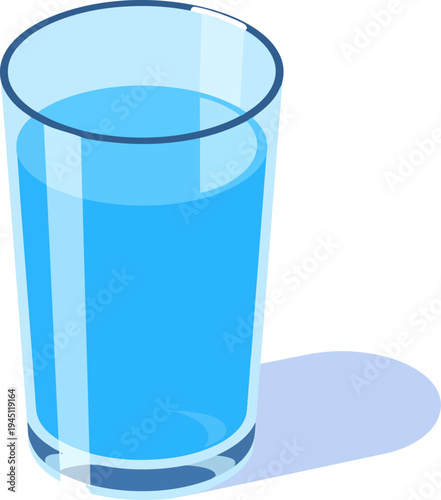 A clear glass tumbler filled with refreshing blue water, casting a subtle shadow on a light surface, presented as a clean illustration.