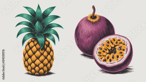 Fresh pineapple and passionfruit on gray background tropical fruit illustration