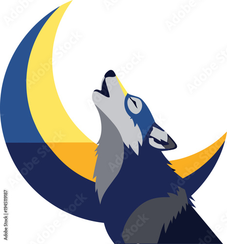 A stylized dark blue wolf howling at a crescent moon with a yellow and blue design.