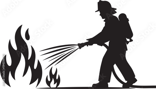 Firefighter spraying water on flames hose