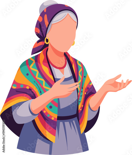 An illustration of an elderly woman wearing a colorful patterned shawl and headscarf, gesturing with her hands.