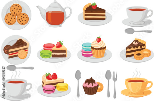 Tea Time Desserts and Pastry Collection with Teacups, Cookies, Cake Slices, Macarons, Cupcakes and Sweet Bakery Treats Vector Illustration Set