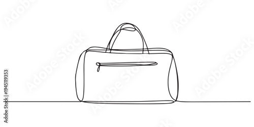 One continuous line drawing fitness bag. Sport bag in single line illustration. one line Art icon drawing vector.  Gym duffel bag sitting on surface with strap and pockets. 