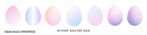 Set of bitmap grunge gradient easter egg. Pixel halftone geometric pattern forming colorful decorative eggs on white background. Modern spring holiday illustration for greeting card, banner, poster