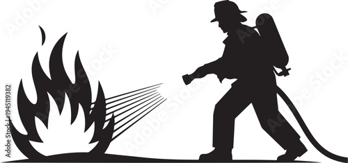 Firefighter spraying water on flames hose